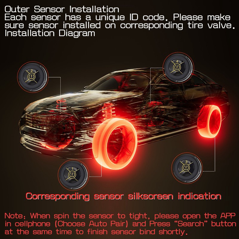 Hệ thống cảm biến áp suất lốp xe hơi TPMS Bluetooth 5.0 Android/IOS 8.0