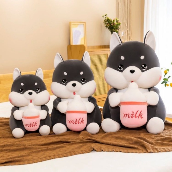 Gấu Bông Chó Husky Ôm Bình Sữa Đáng Yêu Size 45Cm/60Cm/80Cm Cao Cấp Babi Mama G36