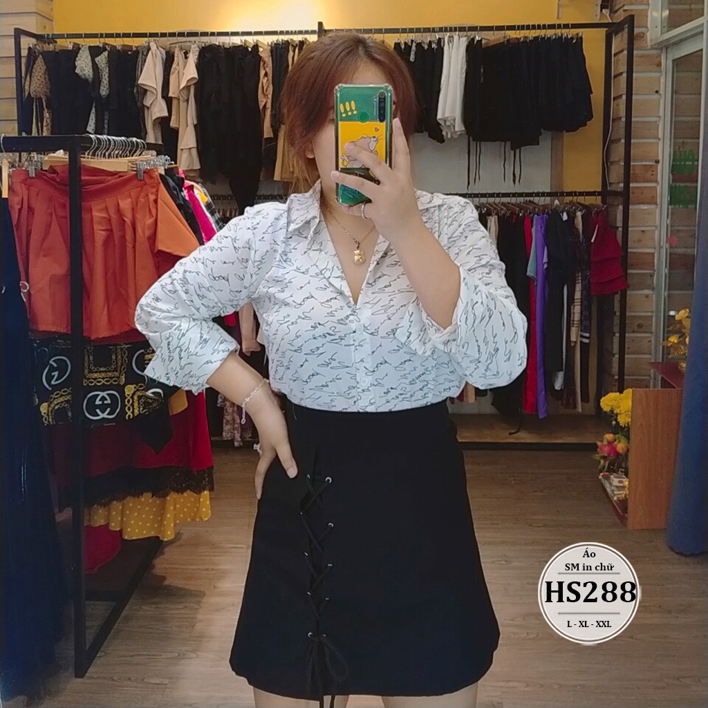 Áo sơ mi nữ bigsize in chữ - Size 55-90kg L XL XXL  - Phôm Áo kiểu bigsize nữ - Đi chơi công sở - Màu Đen Trắng HS288