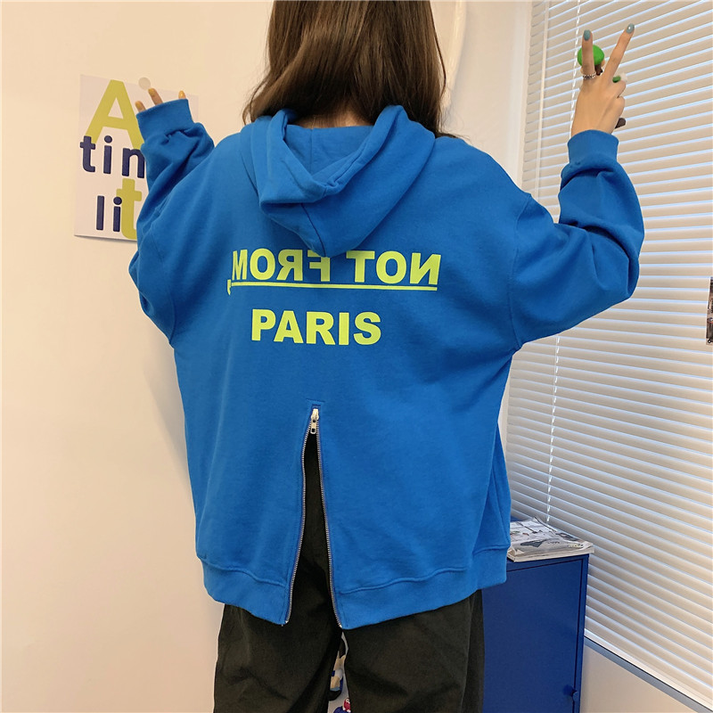 Áo Hoodie Tay Dài Chui Đầu Dáng Rộng In Chữ Phối Khóa Kéo Sau Lưng Thời Trang Cho Nữ