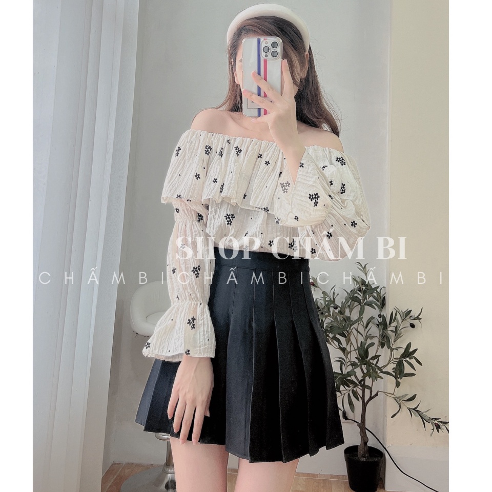 Áo kiểu nữ bánh bèo A.288, Áo kiểu trễ vai bèo ngực tay bo họa tiết hoa daisy cực xinh