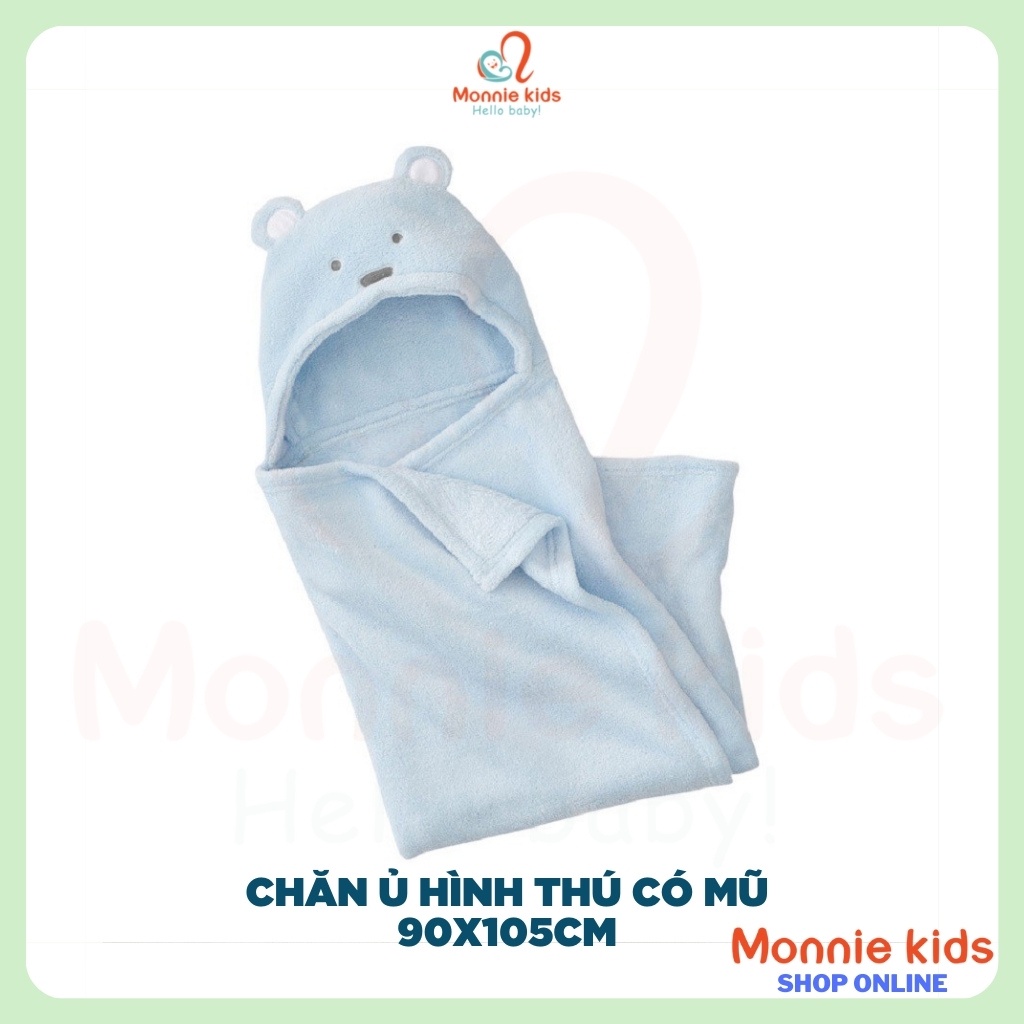 Chăn ủ hình thú cho bé MOMCARE 90x105cm, ủ thú họa tiết có mũ ấm áp - Monnie Kids