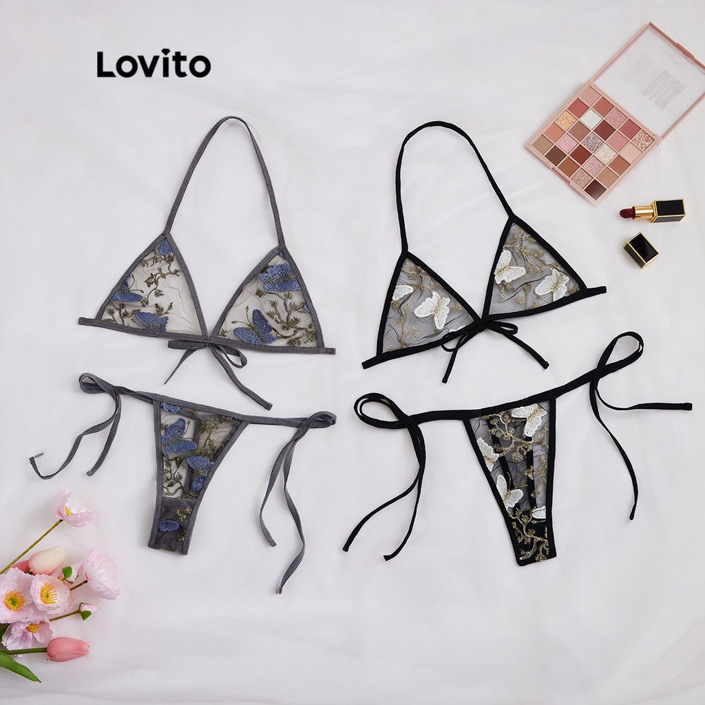 Áo lót Lovito hình tam giác không có miếng đệm vải xuyên thấu họa tiết bướm phối dây buộc sexy L17X445 (xám/đen) | BigBuy360 - bigbuy360.vn