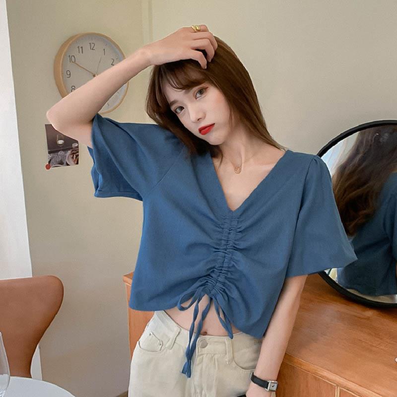 Áo Sơ Mi Denim Xanh Dương Dáng Rộng Cổ Chữ V Thiết Kế Dây Rút Phong Cách Pháp Thời Trang Mùa Hè 2022 Mới Dành Cho Bạn Nữ