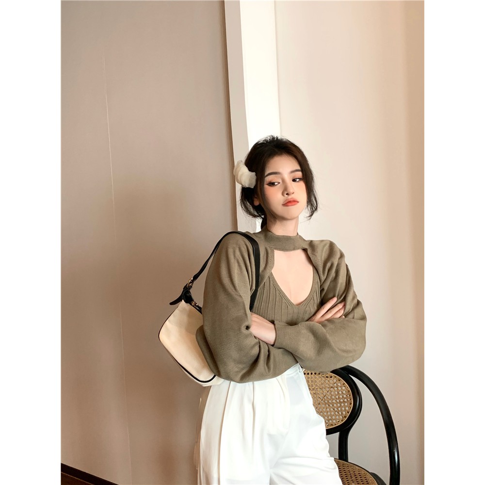 [Sẵn] Set len cardigan sang chảnh áo 2 dây len và áo khoác dài tay croptop A311