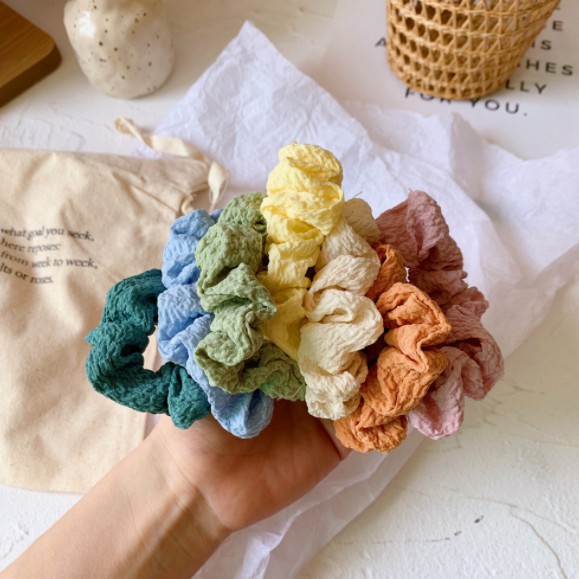 Scrunchies Buộc tóc vải đũi màu pastel trơn nhiều màu xinh xắn thời trang Hàn Quốc