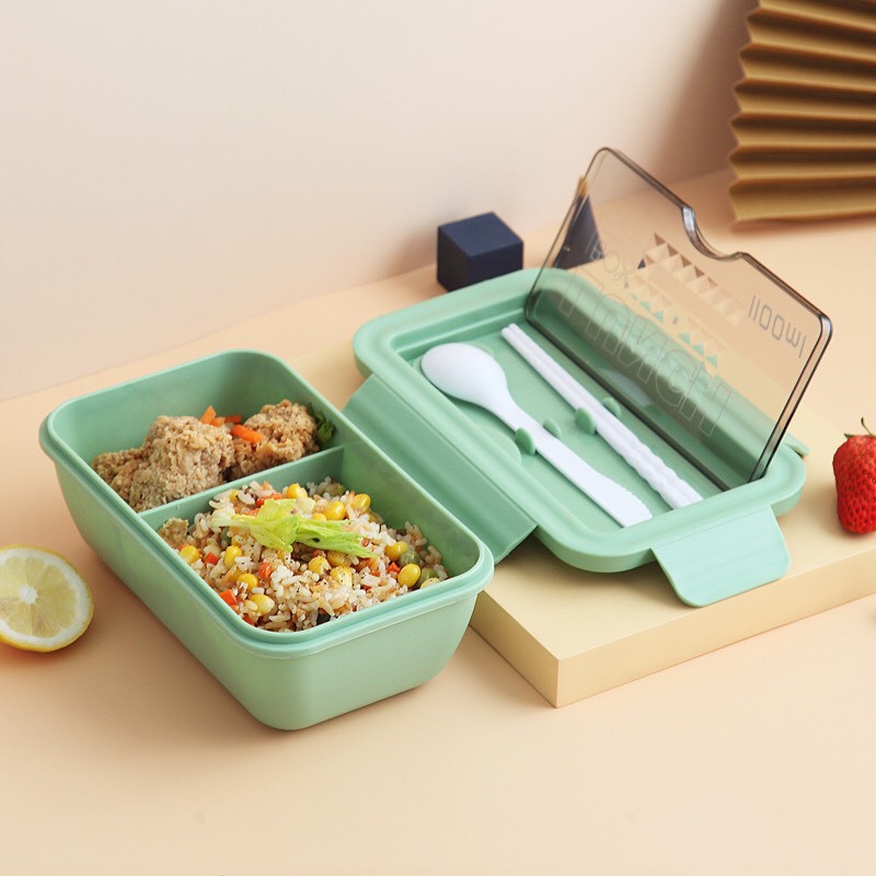 Hộp cơm văn phòng Bento Box lúa mạch 2 ngăn chống tràn kèm đũa thìa cao cấp sử dụng được trong lò vi sóng