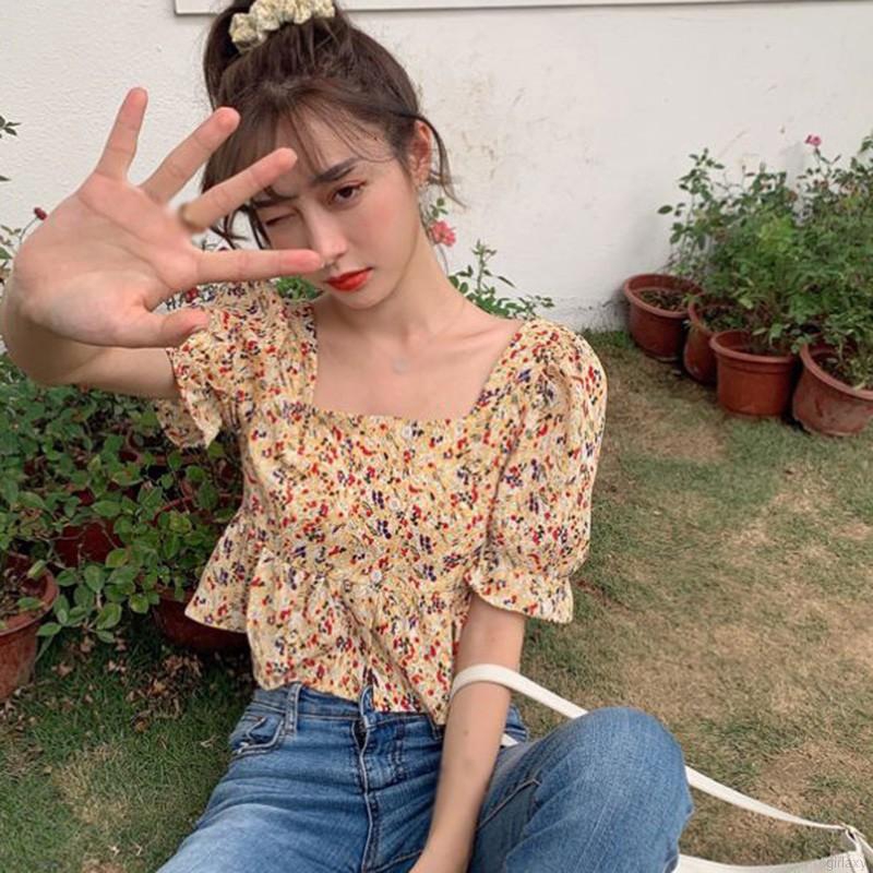 Áo Kiểu Chiffon Cổ Vuông In Họa Tiết Hoa Xinh Xắn Phong Cách Hàn Quốc