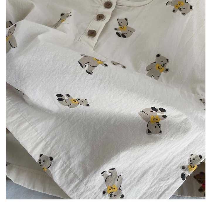 Áo Sơ Mi Cotton Lanh Tay Dài In Họa Tiết Gấu Hoạt Hình Phong Cách Hàn Quốc Cho Bé Trai Và Gái