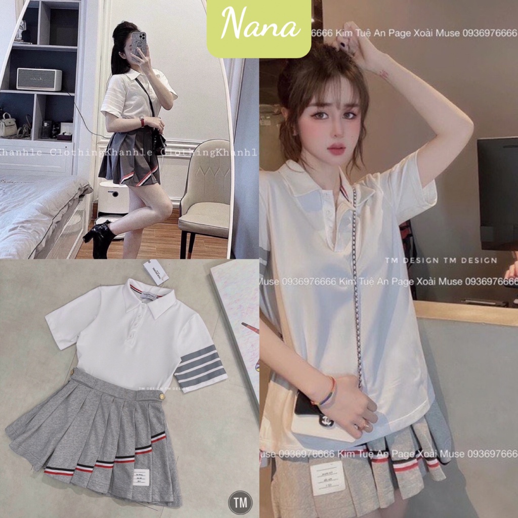 Set đồ nữ áo 3 sọc Polo mix với chân váy xếp ly màu ghi/ Set váy ngắn xòe áo trắng cổ bẻ phong cách Ulzzang Nanashop