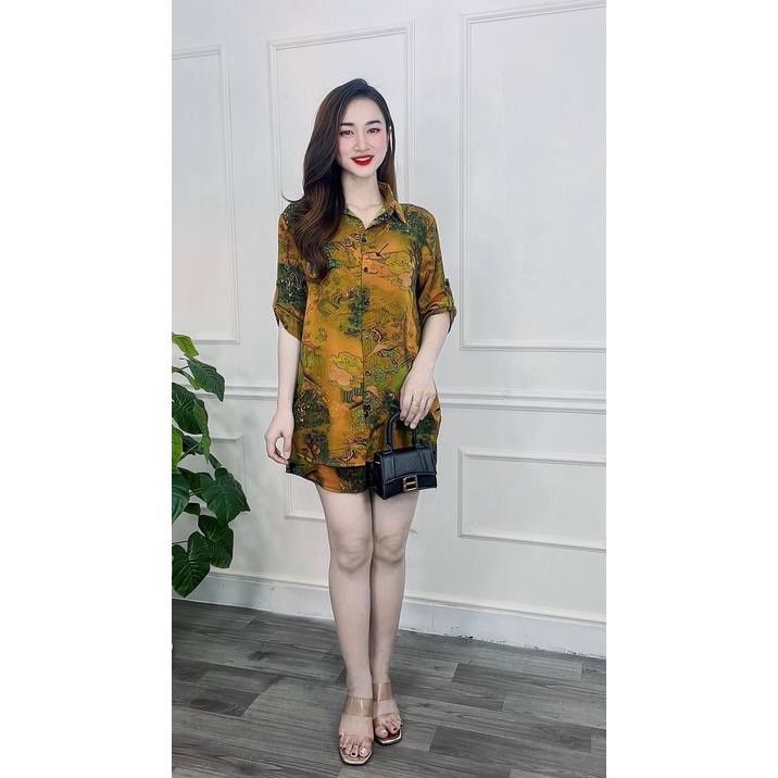 Đồ Bộ Nữ Cao Cấp - Đồ Bộ Trung Niên-áo Sơ Mi Quần Đùi- Vải Lụa Mango Không Nhăn- Màu Tím