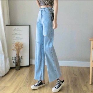 Quần jean nữ ống rộng rách 2 bên