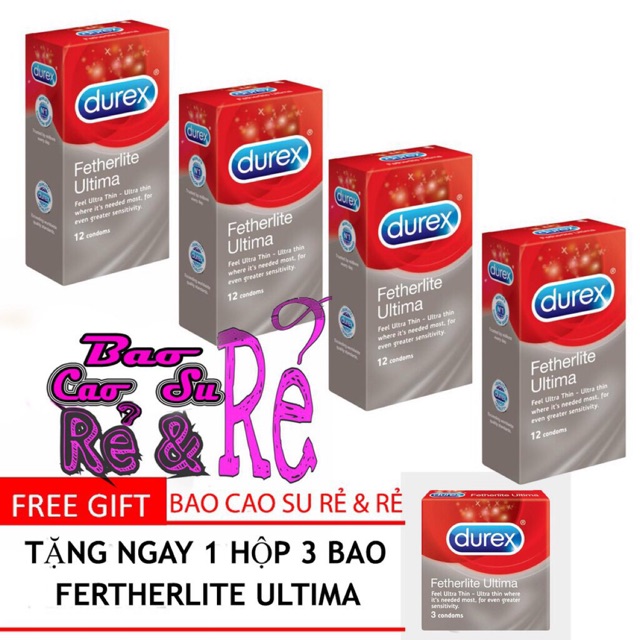 [DEAL HOT] Combo 4 Hộp 48 Cái Bao Cao Su SIÊU MỎNG Durex Fetherlite Ultima + Tặng 1 Hộp 3 Bao