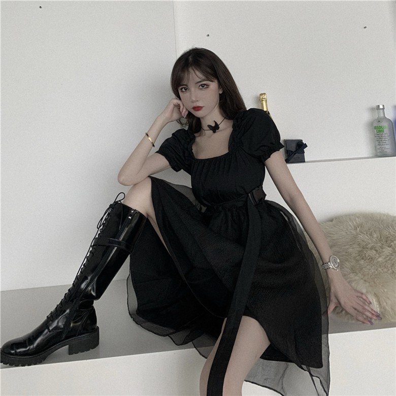 M20 - Váy đen Ulzzang cổ vuông tay cúp phối voan lưới dáng phồng phong cách