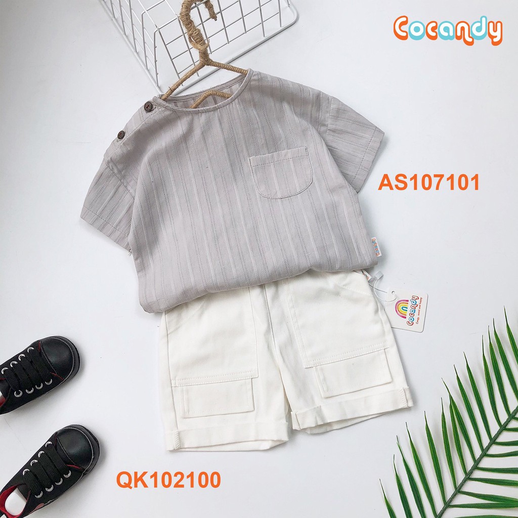 [Cocandy Official Store] Áo đũi cộc tay cho bé trai, bé gái màu ghi điểm cúc vai