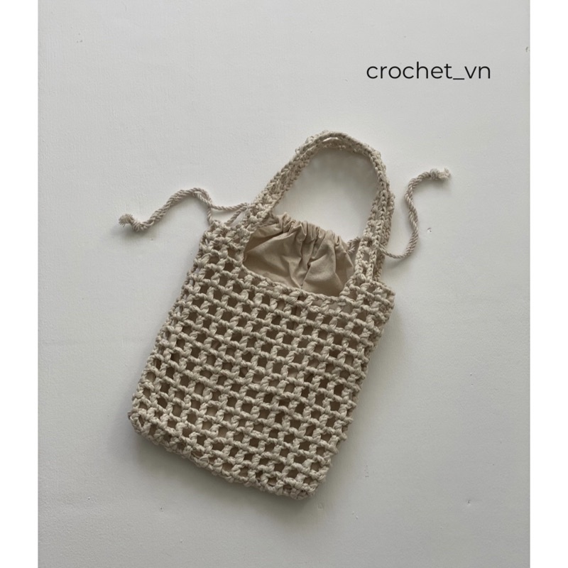 Túi Tote đan móc thủ công sợi giấy kèm túi vải rút để đồ bên trong, du lịch, đi chơi