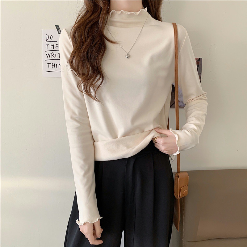Áo Thun Tay Dài Cổ Cao Màu Sắc Đơn Giản Cho Nữ
