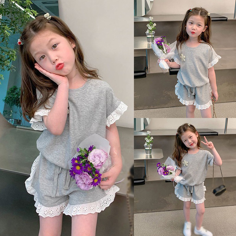 Se7en Set Áo Sơ Mi Ngắn Tay Màu Trơn + Quần Short Thời Trang Hè Hàn Quốc Cho Bé Gái