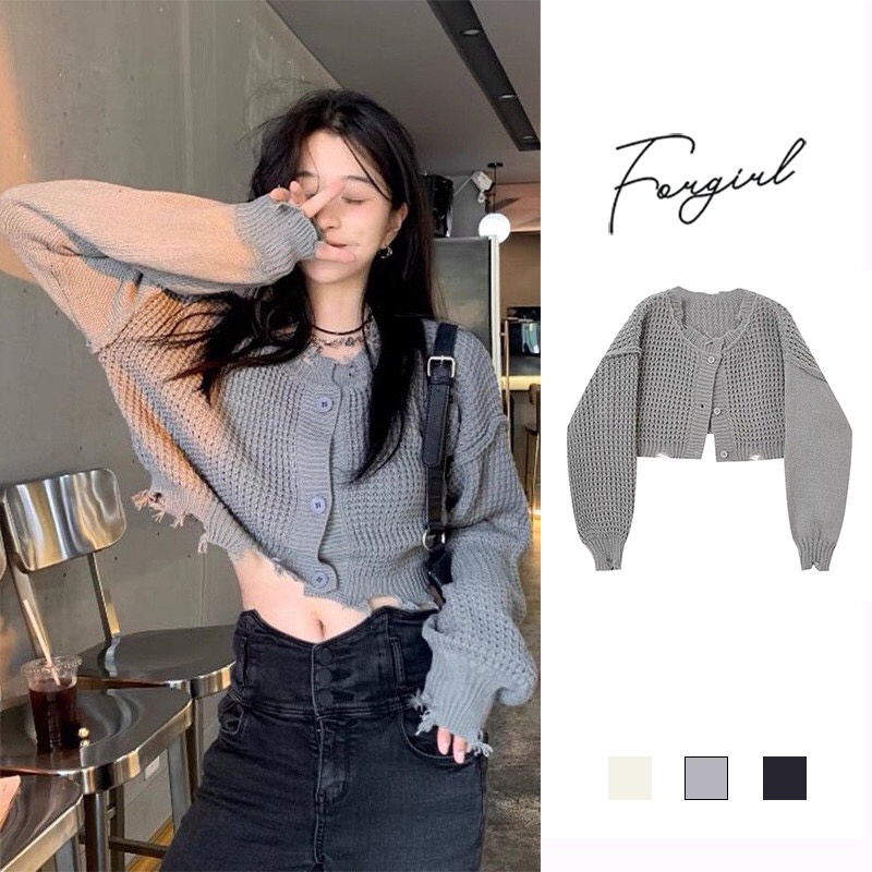 Áo khoác len croptop Forgirl tay bồng phối viền xẻ