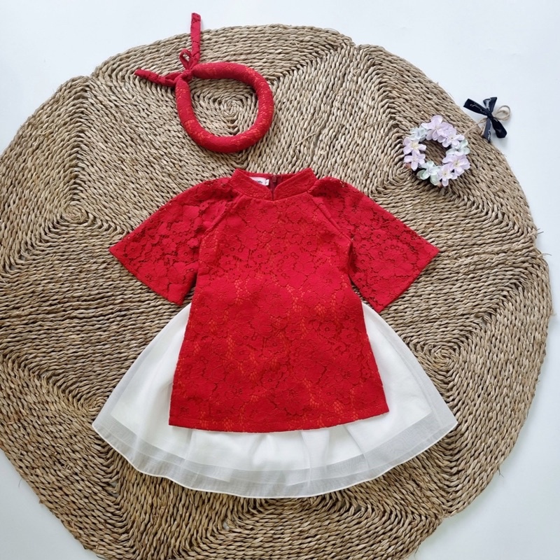 Áo dài mẹ bé cách tân CHIP STORE Thân áo ren đỏ cao cấp phối chân váy xòe bồng bềnh như công chúa