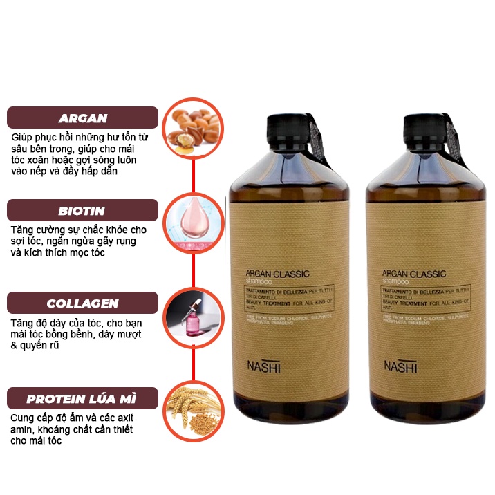 Dầu gội đầu Nashi Argan 1000ml x2 phục hồi hư tổn chuyên sâu, siêu mềm mượt HUẾ STORE