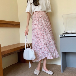 [CÓ SẴN] Chân váy midi hoa nhí kiểu xếp li phong cách Hàn Quốc ulzzang