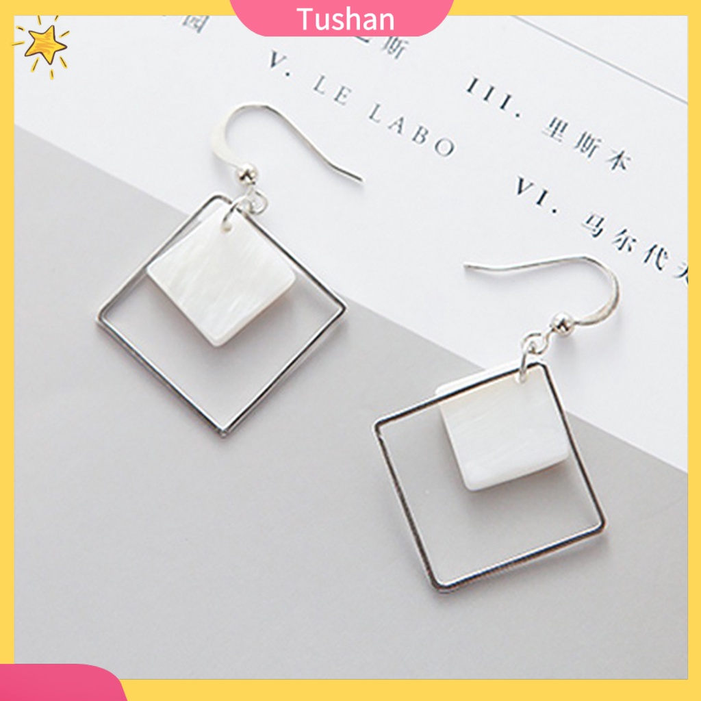 Khuyên tai nữ hình vuông đính vỏ sò trắng thời trang