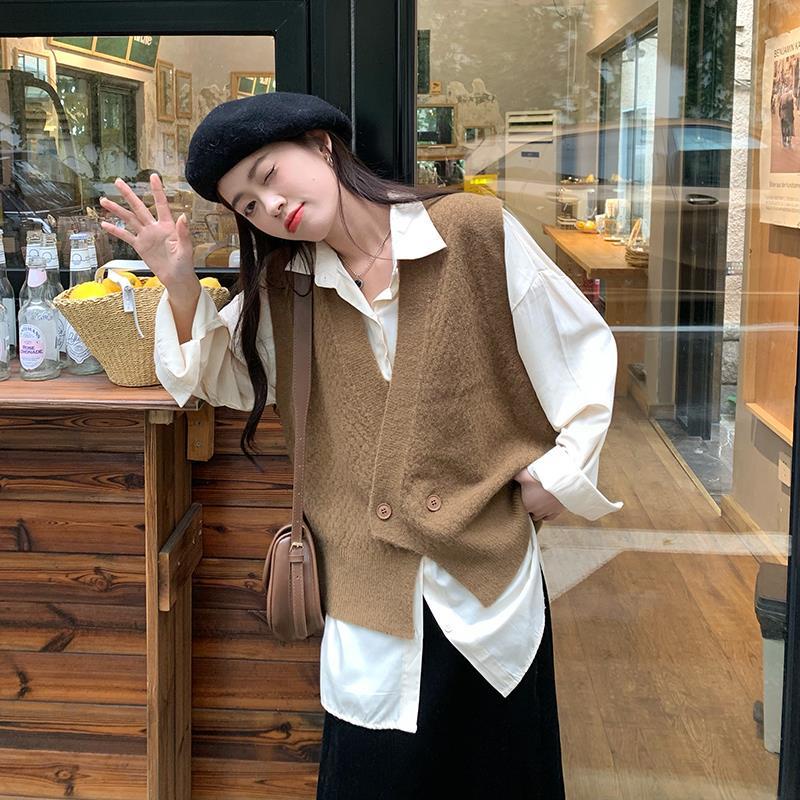 Bộ áo sơ mi tay dài và áo len không tay cổ chữ V thời trang Hàn Quốc cho nữ (có bán lẻ)