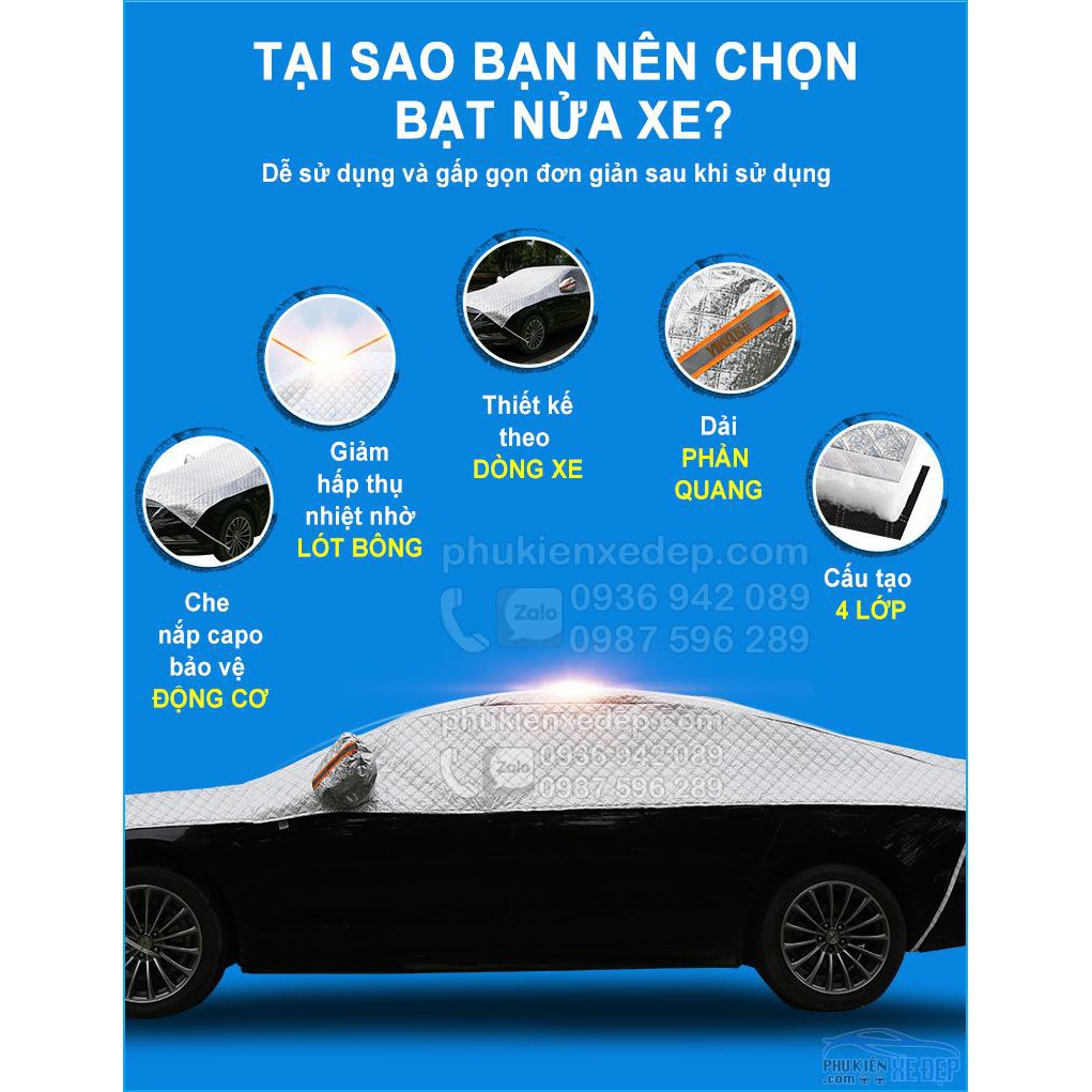 Bạt Phủ Nóc Ô tô CAO CẤP- FREESHIP 5D Có Bông Chống Che Nắp Capo chống nóng hiệu quả