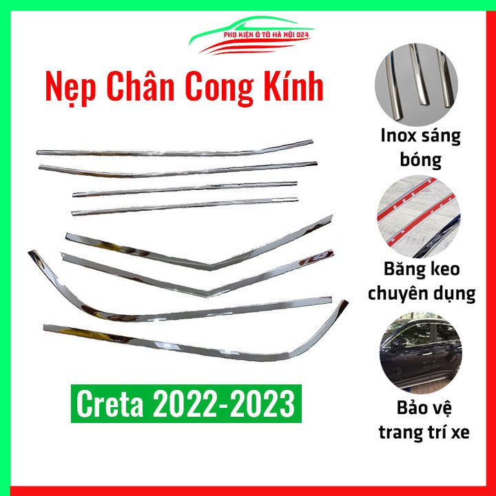 Bộ nẹp viền chân kính cong kínhCreta 2022-2024 Inox sáng bóng chuẩn form xe