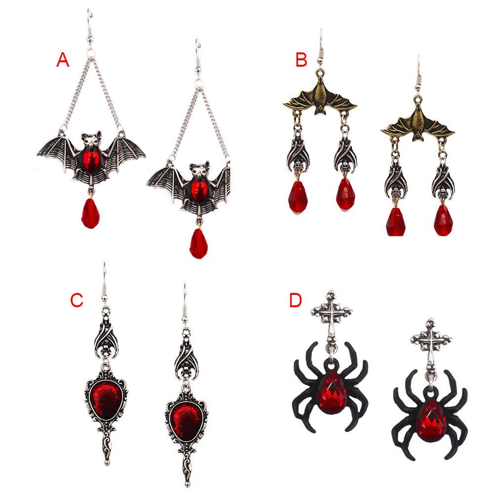 Khuyên tai hình dơi nhện màu đỏ kiểu gothic punk thời trang Halloween cho nữ