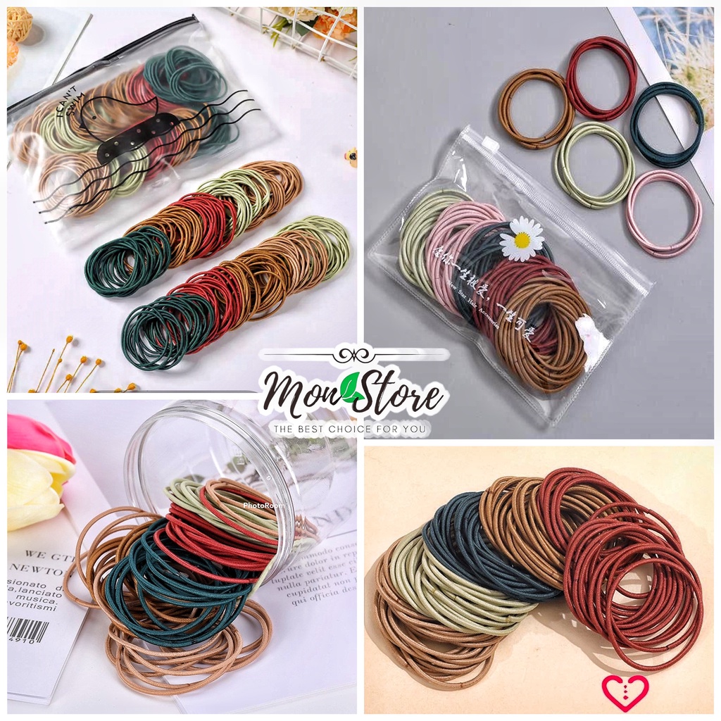 [Kèm túi zip] SET 100 THUN cột tóc mix 5 màu xinh xắn