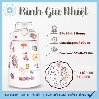 Bình giữ nhiệt INOX 304 tặng kèm Sticker, giữ nhiệt 12h, bình nước giữ nhiệt 1000ml cho bé có ống hút