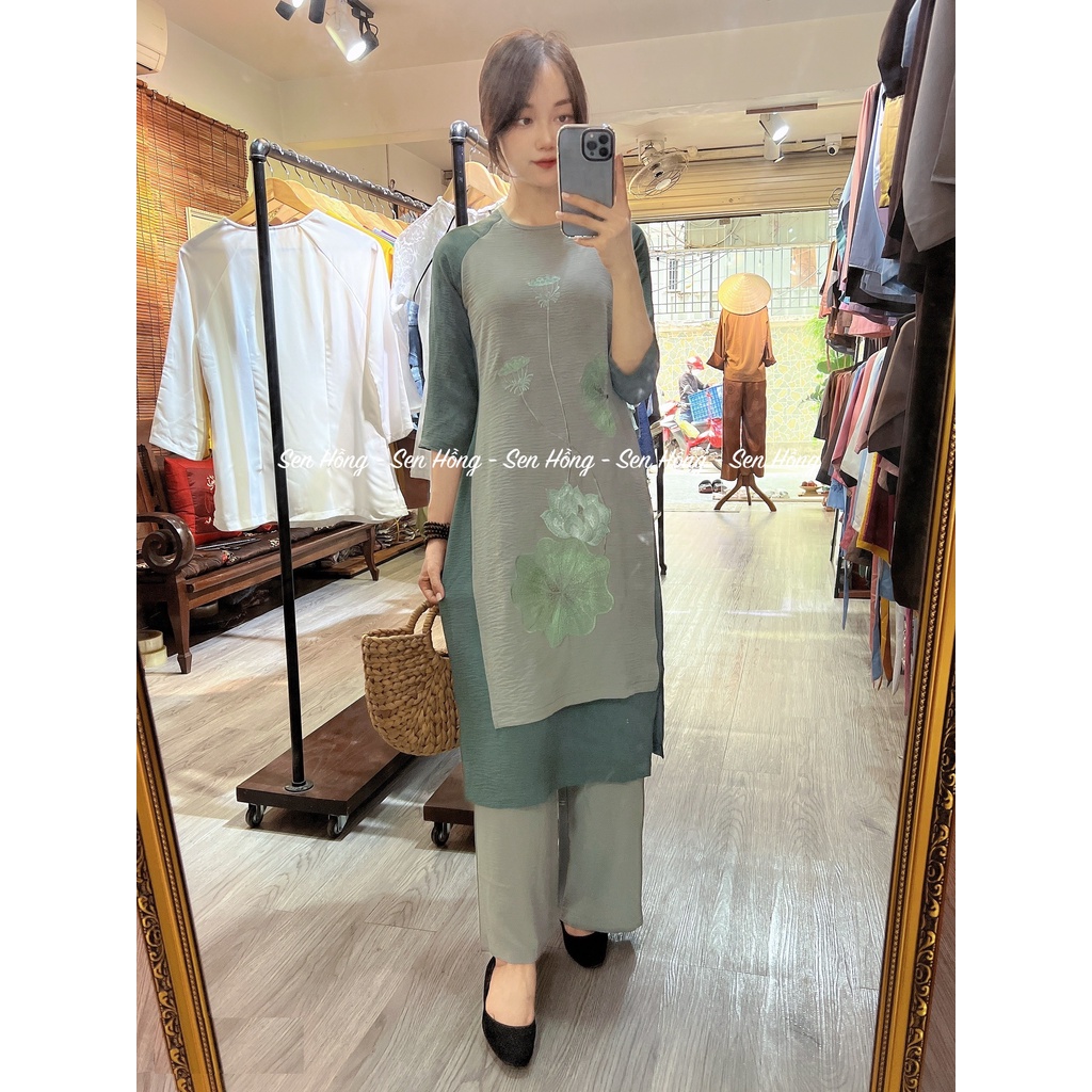 ÁO DÀI ĐI CHÙA # set áo dài cách tân 4 tà thêu hoa sen - vải lụa tuyết dày dặn cao cấp - Pháp Phục Sen Hồng