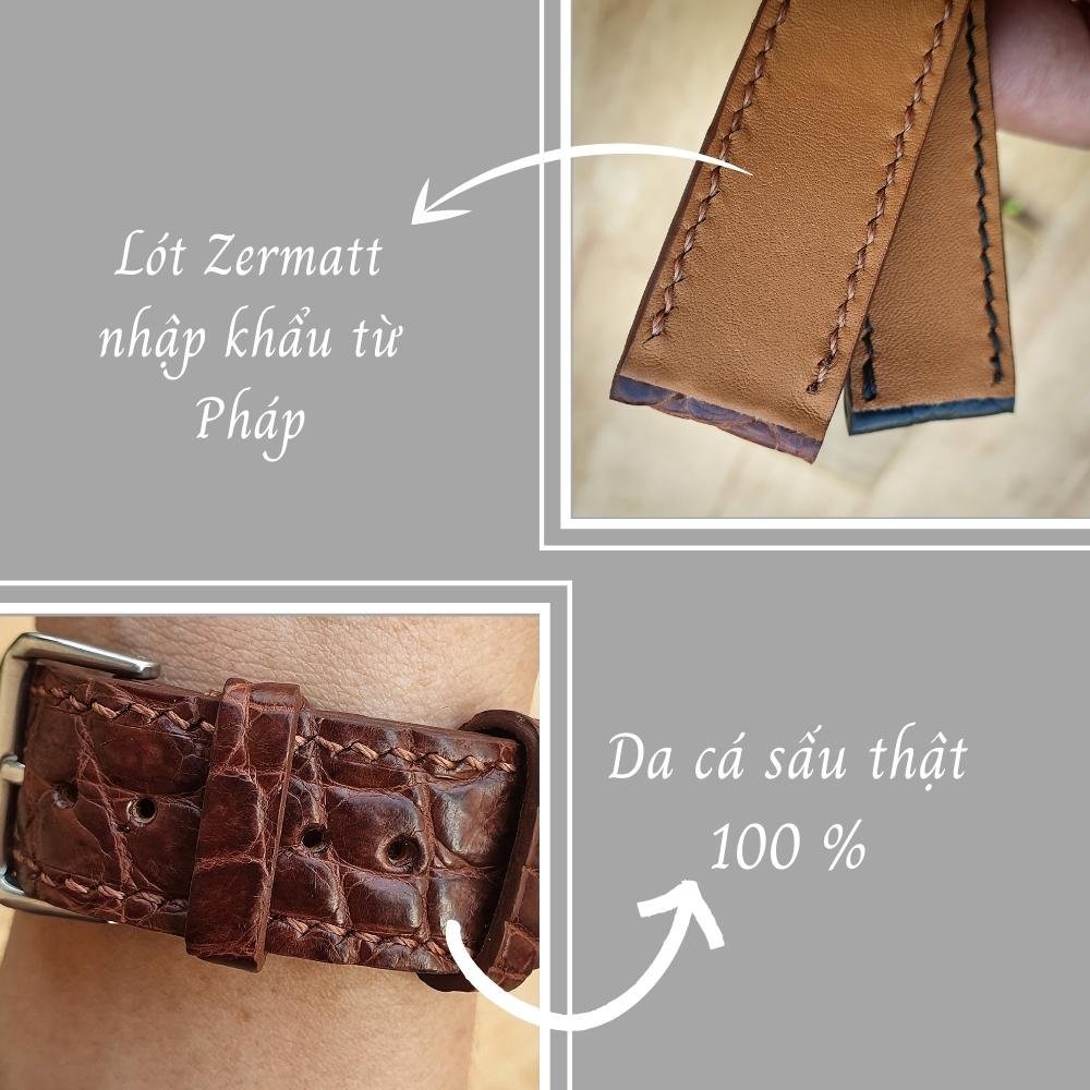 Dây đồng hồ da cá sấu dây da đồng hồ size 18mm 20mm 22mm lót Zermatt nhập khẩu từ Pháp cao cấp handmade Vnstrap P39