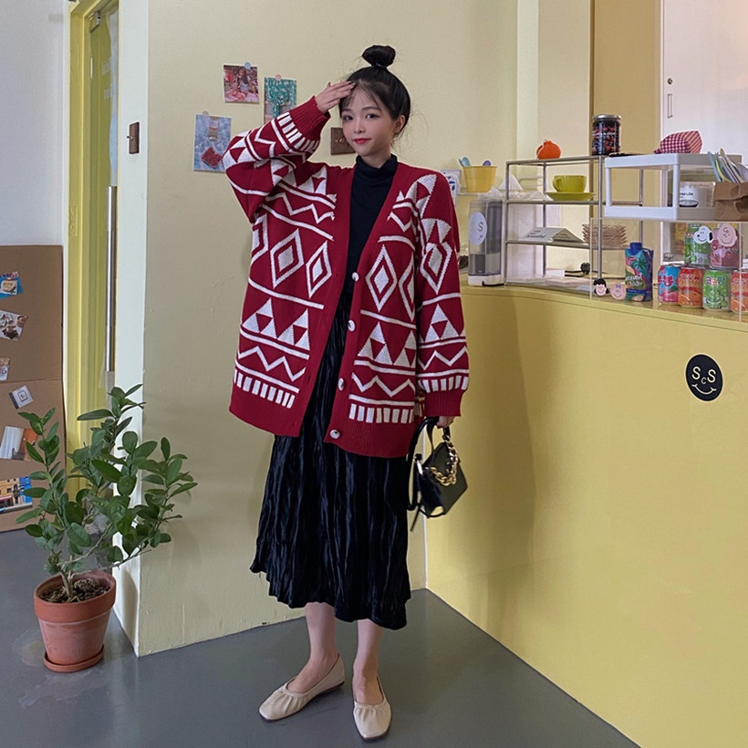Áo khoác cardigan dệt kim dáng rộng họa tiết hình học phong cách phương Tây thời trang thu đông cho nữ