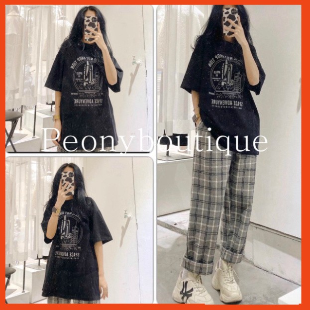 Set Culottes Kẻ Space PEONYB Nữ [FREESHIP] 🌸 Bộ quần thun suông ống rộng kèm áo phông in hình form oversize Ulzzang HOT