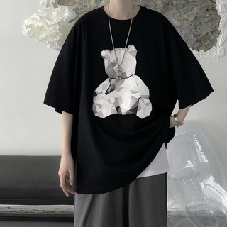 (M-8xl) Áo nam ngắn tay không cổ chất béo cỡ lớn họa tiết gấu hoạt hình phiên bản Hàn Quốc rộng rãi nam nữ có thể mặc cặp đôi
