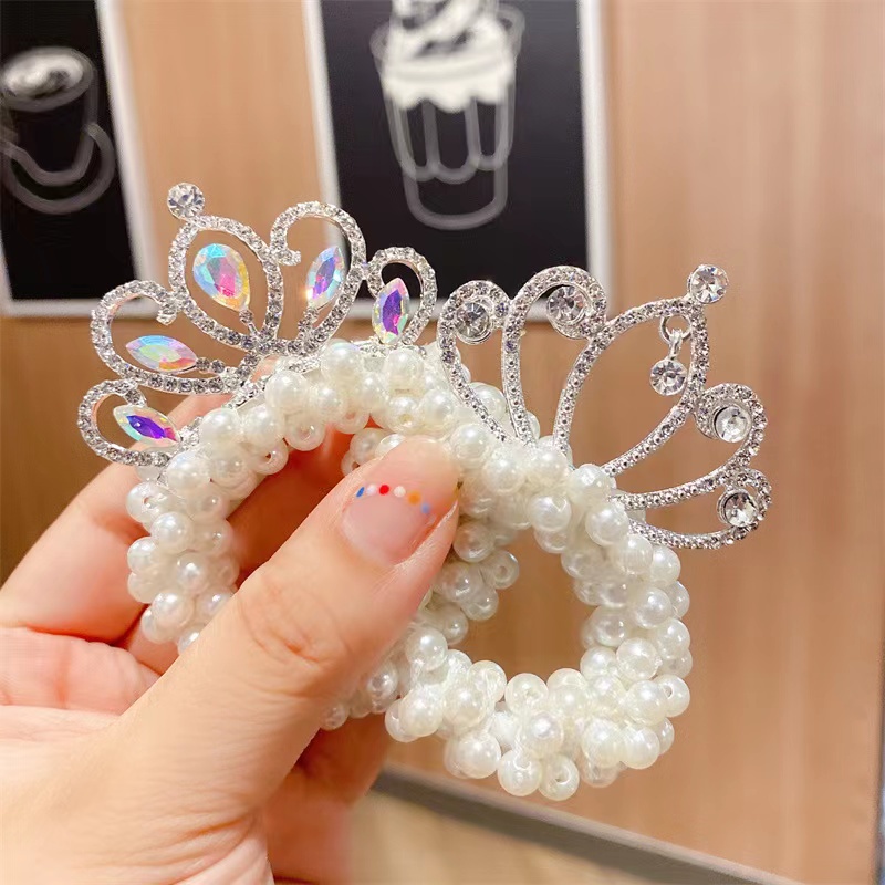 Dây Buộc Tóc Cao Su Hình Vương Miện Đính Ngọc Trai Phong Cách Hàn Quốc Mới Cho Bé Gái