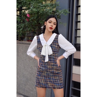 Váy dạ tweed phối cổ nơ
