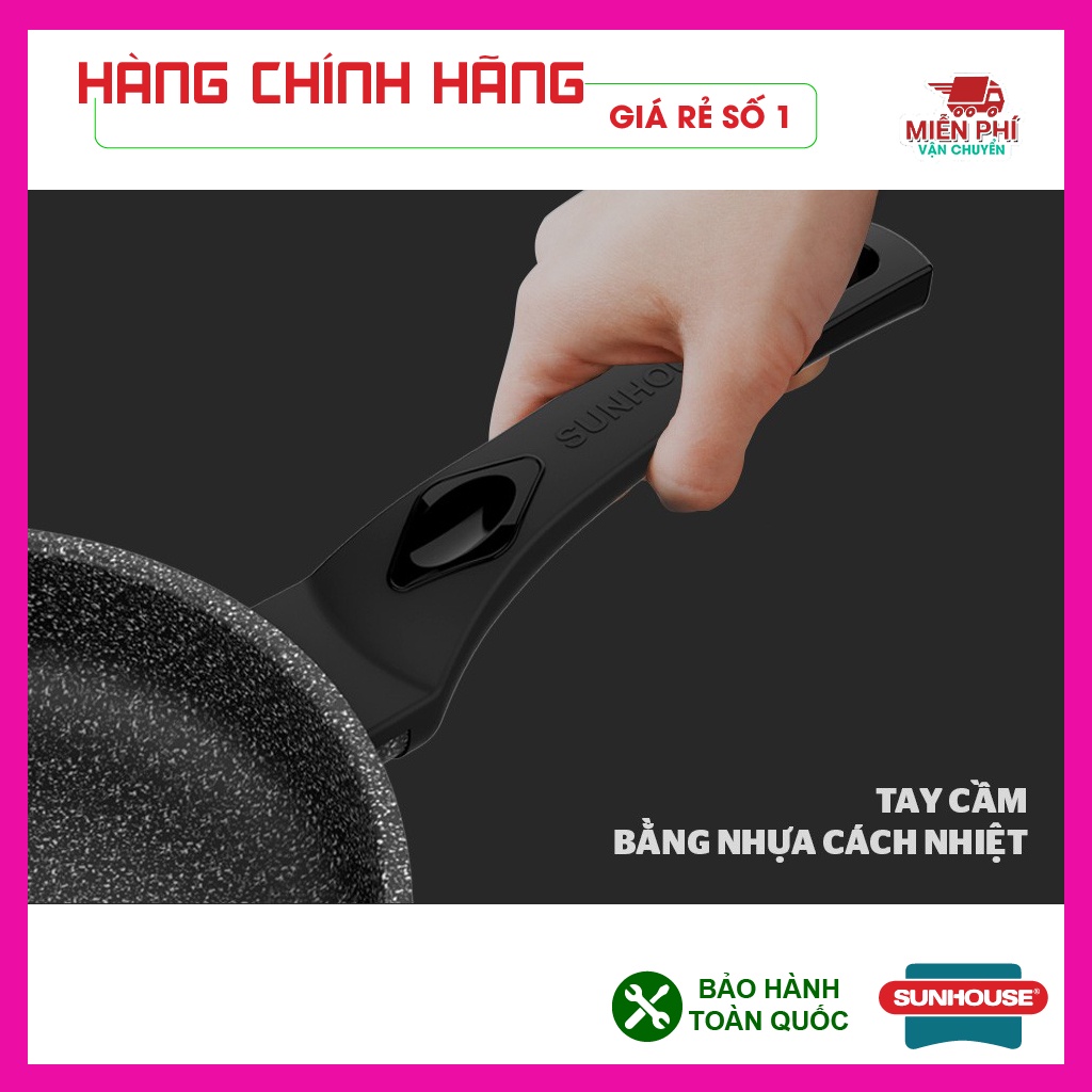 Chảo chống dính siêu bền đá Sunhouse, chảo đá Sunhouse SBD24,26,28,30cm, đáy dày dặn, phù hợp bếp gas, bếp hồng ngoại