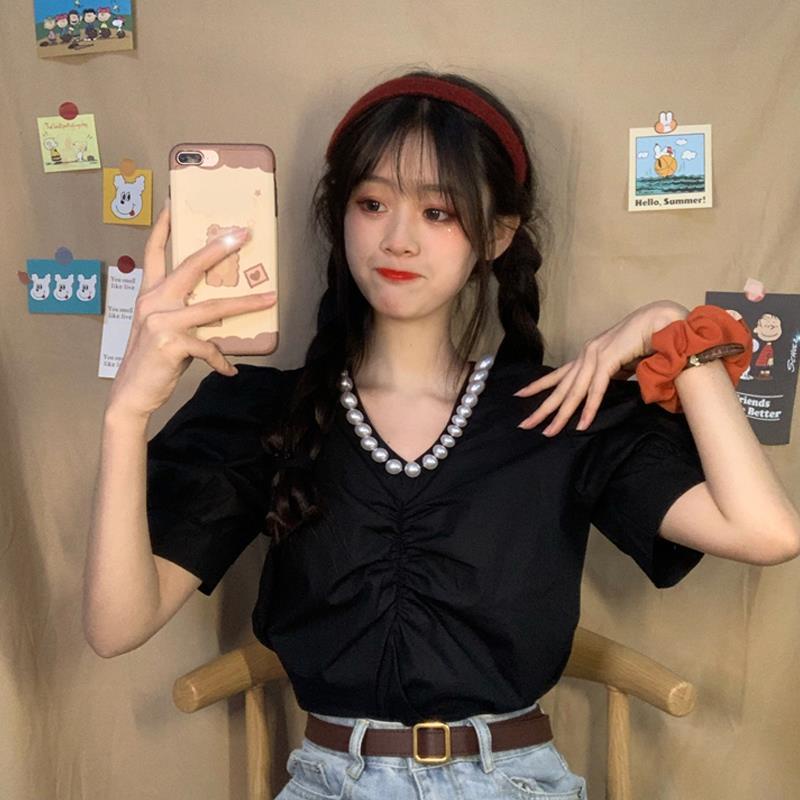 Áo sơ mi COZOKC tay ngắn cổ đính ngọc trai giả phong cách Hàn Quốc thời trang