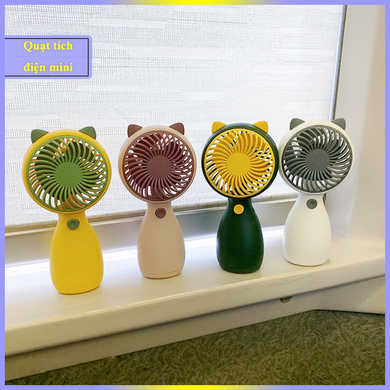 Quạt mini cầm tay, quạt cầm tay mini có đế để bàn , nhỏ gọn, tiện lợi (Tặng Dây Sạc+ kèm dây cao su)