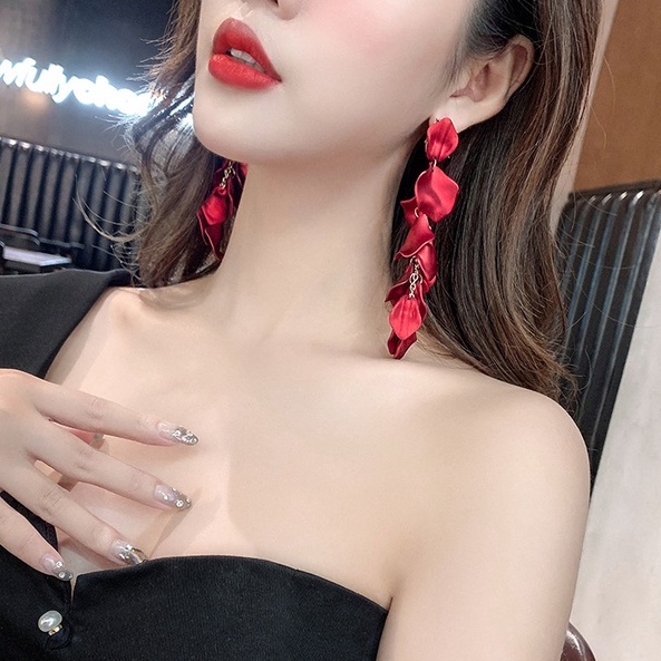 Bông tai đỏ phong cách Âu Mỹ mô phỏng họa tiế cánh hoa_M1320