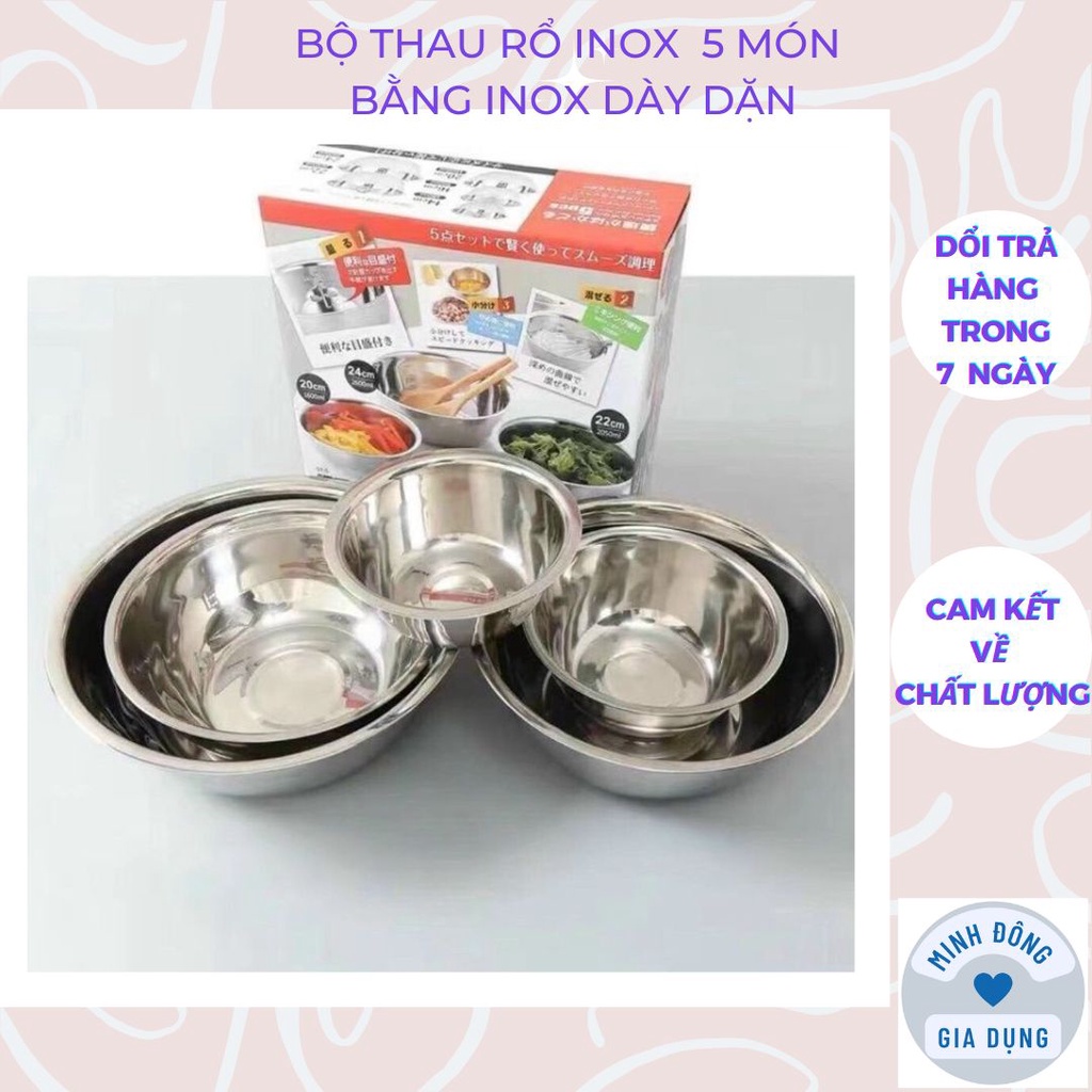 Bộ Thau Rổ Inox Nhà Bếp 5 Món Bằng Inox Đủ Size Từ 18 - 26Cm Tiện Dụng, Dày Dặn