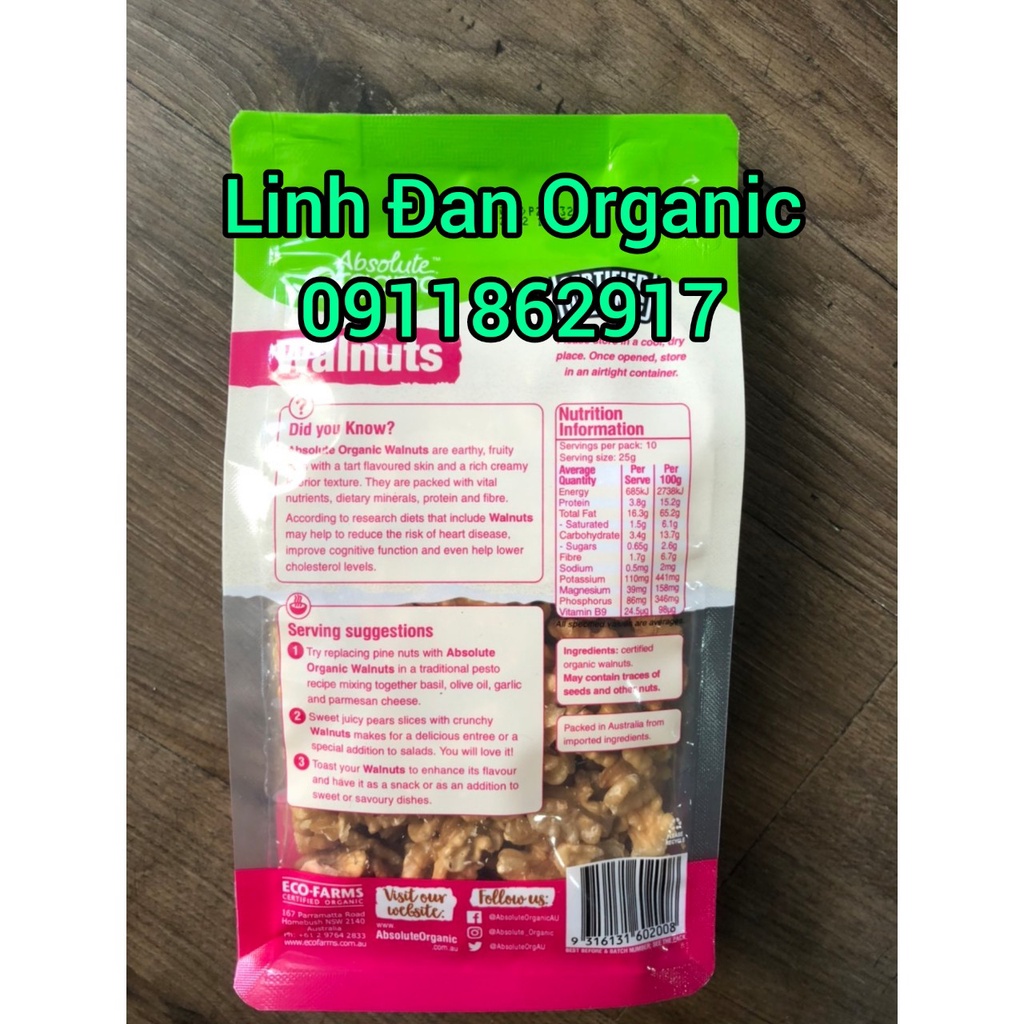 [MỚI]  Quả Óc Chó Hữu Cơ nhập khẩu Úc Absolute Organic walnuts 250gr date 2023