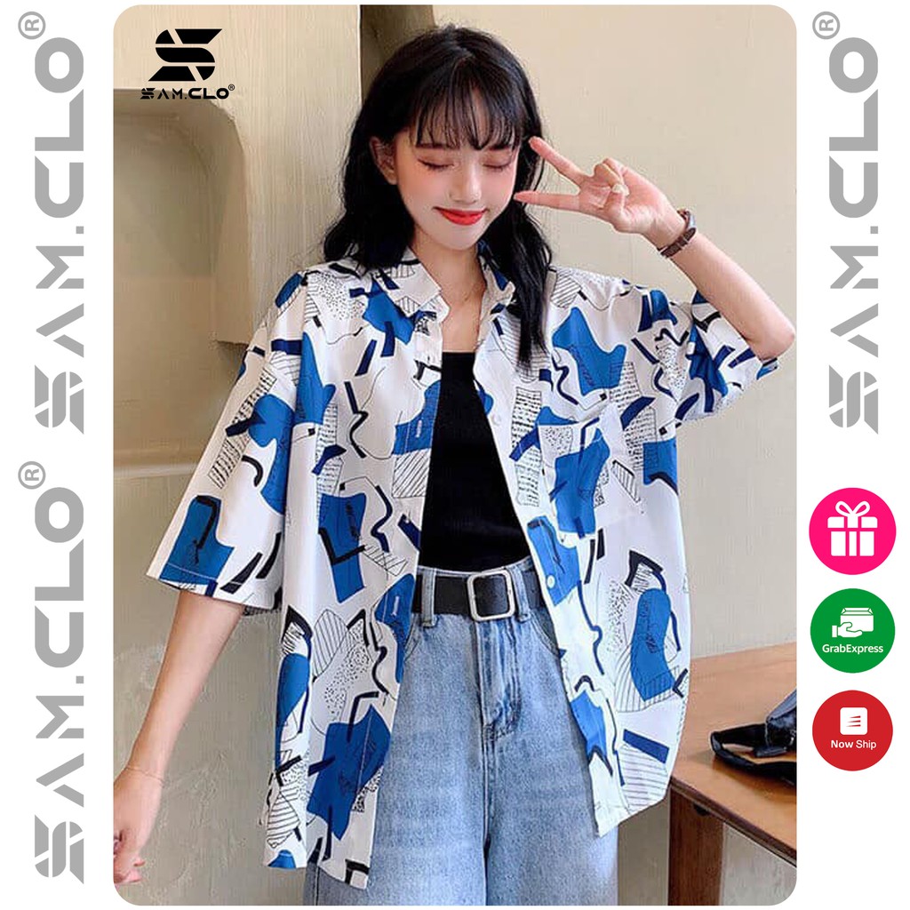 Áo SƠ MI NỮ form rộng in 3D cổ bẻ tay ngắn - lỡ dáng ulzzang freesize unisex mặc cặp, nhóm, HỌA TIẾT XANH PHỐI TRẮNG