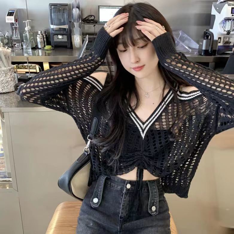 Áo Dệt Kim Trễ Vai Dáng Rộng Cổ Chữ V Thời Trang Cho Nữ