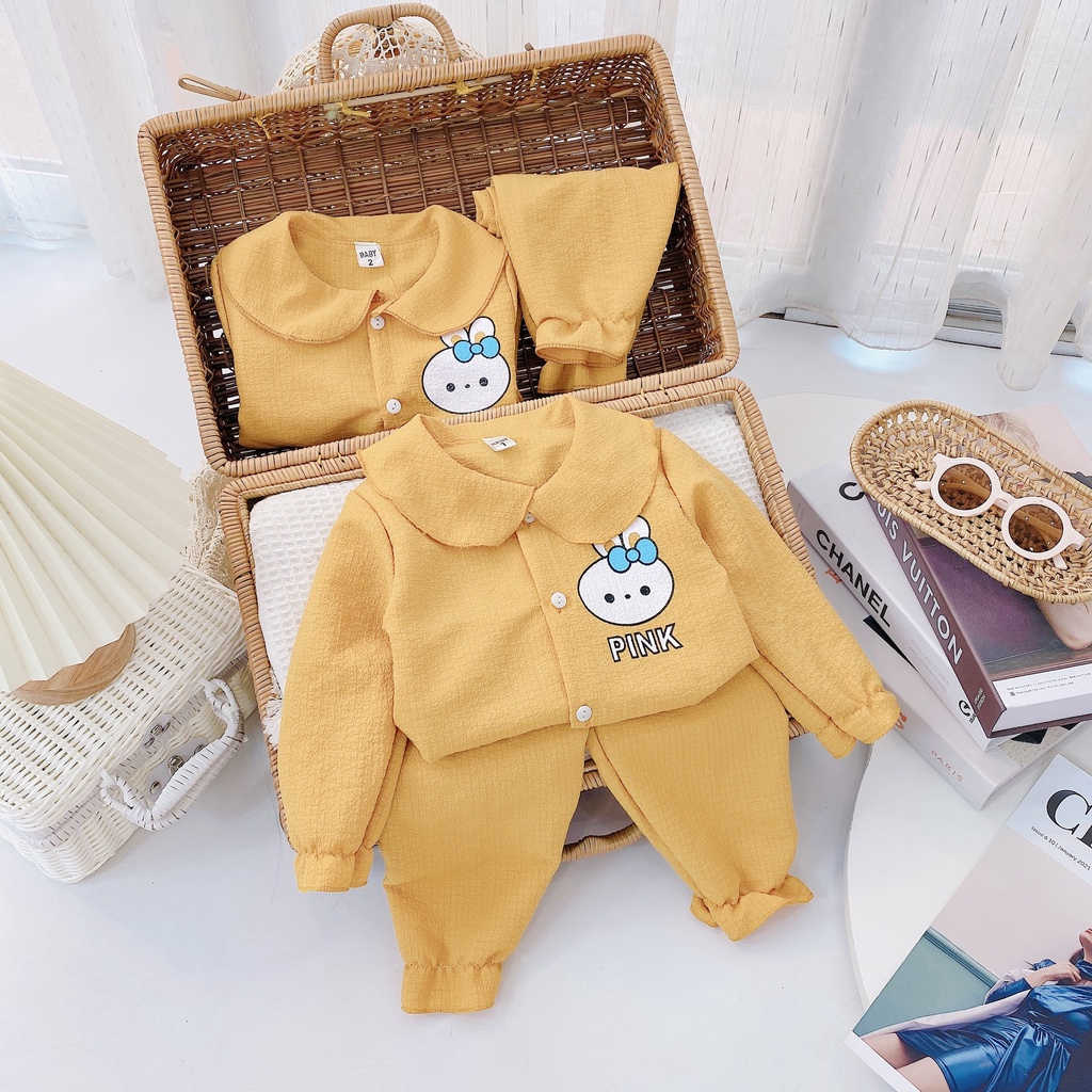[DT67] Bộ Dài Tay Họa Tiết Thỏ Pink Cho Bé Gái Chất Vải Đũi Xô Nhẹ Nhàng Dáng Đáng Yêu Size Từ 7-18Kg VNXK Nhật-Hàn