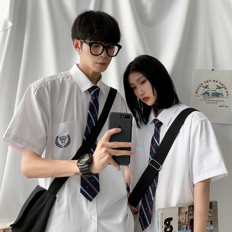 Áo Sơ Mi Trắng Dài Tay Phối Cà Vạt Thêu Họa Tiết Phong Cách Học Sinh